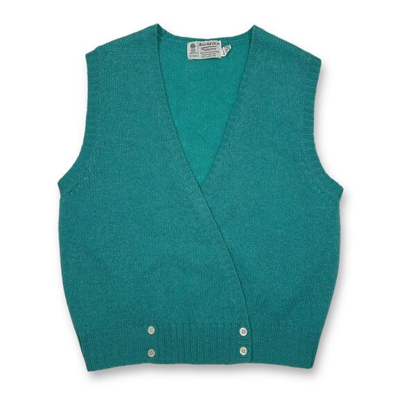 Vintage‎ Emerald Green Knit Sweater Vest Button Detail Preppy V-Neck Top - Picture 1 of 7